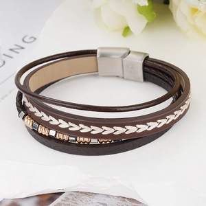 Men's multilayer braided leather bracelet with stainless steel magnetic clasp and metal beads