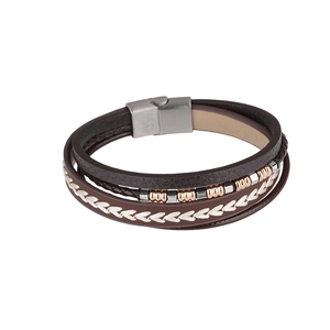Men's multilayer braided leather bracelet with rose gold beads and magnetic metal clasp
