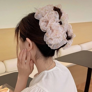Pinza per capelli a fiori in chiffon per donna, grande accessorio elegante in rosa chiaro