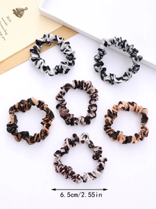 Set of six satin animal print scrunchies with leopard and zebra patterns, 6.5cm diameter