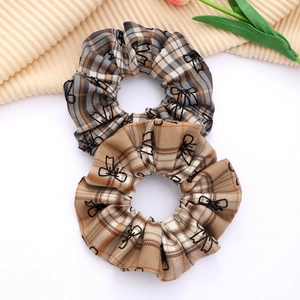 French vintage plaid scrunchies with bow patterns in grey and coffee brown colors