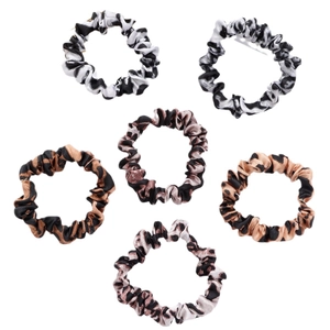 Set of 6 leopard and cow print satin scrunchies for bun and hair styling accessories