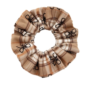 Brown plaid scrunchie with black bow pattern for French vintage style hair styling