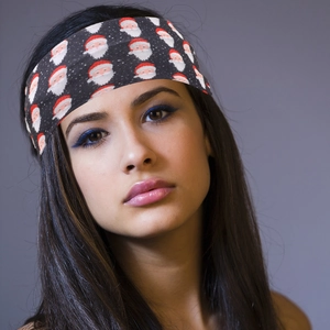Christmas printed wide yoga headband with Santa Claus pattern on charcoal grey stretch fabric
