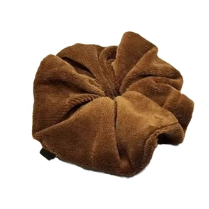 Oversized dark brown plush hair scrunchie with soft fluffy faux fur texture
