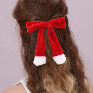 Noeud de Noël en velours rouge avec pompons blancs sur rubans longs pour femmes
