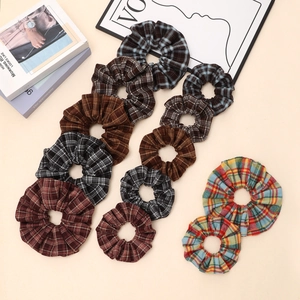 Retro plaid oversized hair scrunchies set in brown and grey tones for women