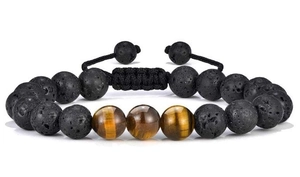 Pulsera trenzada ajustable para hombre con piedras de lava negra y cuentas ojo de tigre