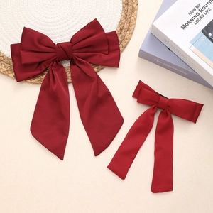 Vintage Red Satin Bow Hair Clip For Women Elegant Large Ribbon Bowknot Spring Clip New Year Party Hair Accessories