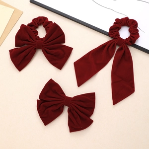 Vintage Velvet Bowknot Hair Scrunchies And Hair Clip For Women Burgundy Handmade Elegant Ribbon Hair Accessories For Dating Daily