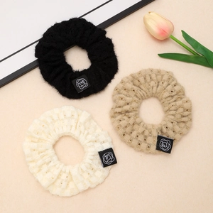 Vintage Knitted Hollow Scrunchie Rose Flower Label Elastic Hair Tie For Women Solid Color Fashion Hair Accessories Daily Styling Tool