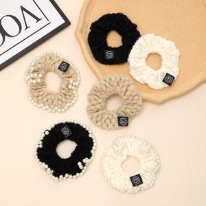 Chic knit scrunchie set with pearls and camellia patch in cream and black colors