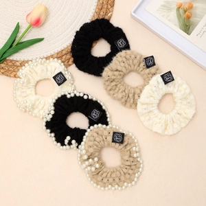 Vintage Knitted Artificial Pearl Scrunchies French Style Elegant Hair Ties Flower Tag Hair Accessories For Women Ponytail Holder