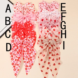 Red heart and lip print bow hair clip set with long streamers made of soft silk fabric