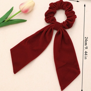 Large dark red velvet scrunchie with long 24cm streamers for elegant women's hairstyles