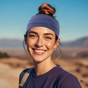 Wide purple knitted sports headband for women, elastic winter head wrap for yoga and workout