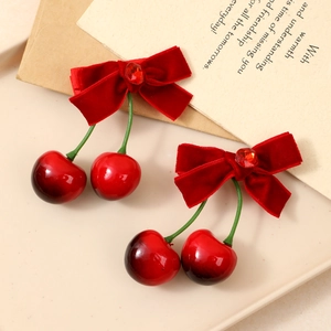 Pince à Cheveux Nœud en Velours Rouge Vintage Cerise pour Femme Douce Strass Fruit Bec de Canard Accessoire Cheveux