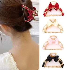 Elegant Alloy Gold Chain Bow Hair Claw For Women Satin Ribbon Weave Sweet Korean Style Large Hair Clip Accessories