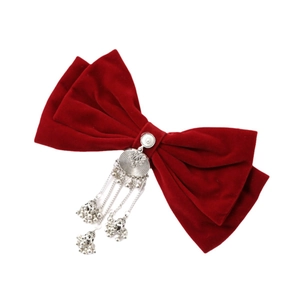 Elegant red velvet bow hair clip with silver bell tassels for wedding accessories