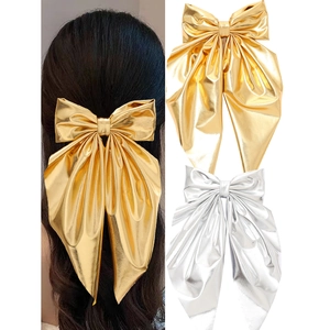 French Elegant Metallic Texture Bowknot Hair Clip With Long Streamers Gold Silver Ribbon Spring Clip Women Party Hair Accessories