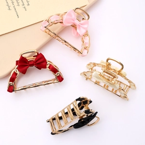 Elegant satin bow hair claw clips with gold alloy frames in pink red and cream white