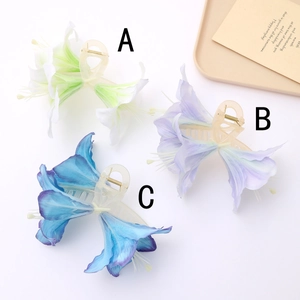 Realistic lily flower hair claws in white-green, light purple, and blue gradient colors