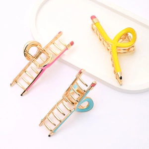 Lot de 3 pinces à cheveux en métal en forme de crayon, coloris rose, jaune et bleu ciel