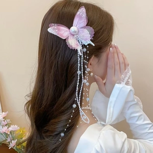 Elegante Fermaglio per Capelli a Farfalla in Rete Con Lunga Nappina di Künstliche Perle Fatto a Mano Becco d'Anatra Donna Accessori