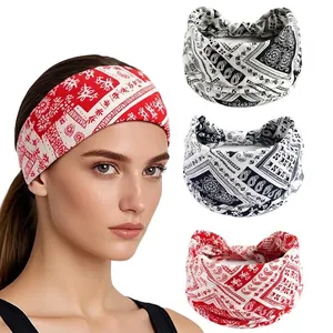 Bohemian paisley elastic wide headband set for yoga and sports in three assorted colors