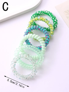 Detailed 6pcs set of green spiral hair ties featuring diverse patterns and 5.5cm size