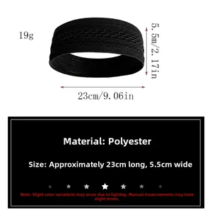 Detail view of a black knitted sports headband showing dimensions 23cm x 5.5cm and 19g weight