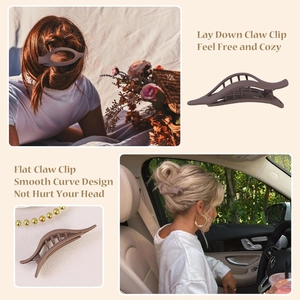Flat dark brown matte lay down claw clip with a hollow curved design for comfortable wear
