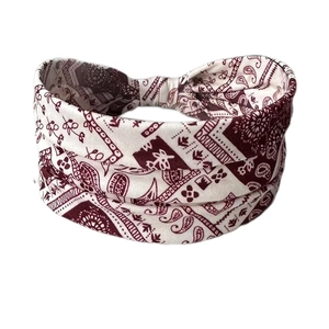 Bohemian paisley elastic headband for yoga and sports in dark red and white colors
