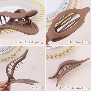 Detail view of brown matte flat claw clip with strong metal spring and hollow design