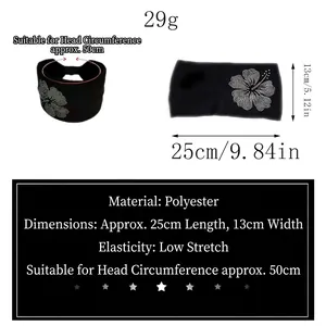 Elastic black headband with rhinestone flower design and dimension scale for daily wear