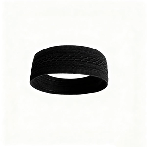 Close-up of black sports headband showing elastic knitted texture and sweat-wicking fabric