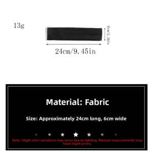 Detail showing dimension 24x6cm and lightweight 13g of this black elastic sports headband