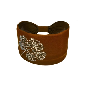 Elastic wide headband in caramel velvet fabric with sparkling rhinestone flower detail