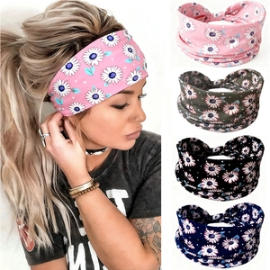 Daisy floral print elastic wide headbands for yoga and sports in pink, green, and navy