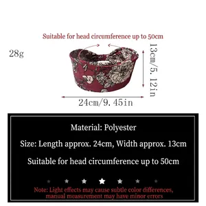Bohemian floral stretchy burgundy wide headband for yoga and fitness sports 24x13cm