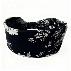 Bohemian floral elastic wide headband with black and white print for yoga and sports
