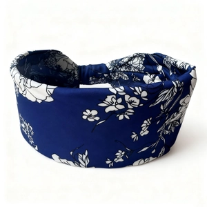 Bohemian style wide cotton floral yoga headband with sweat-absorbent elastic band in dark blue