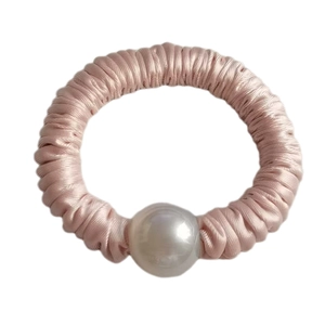 Elegant dusty rose silk satin hair scrunchie with a large white pearl bead accessory