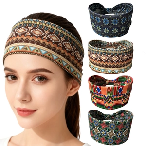 Women Bohemian Wide Yoga Sports Headband Elastic Polyester Sweatband Ethnic Geometric Floral Print Hair Accessories