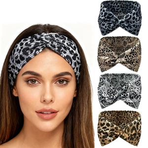 Bohemian leopard print wide yoga headbands with elastic knot design for active women