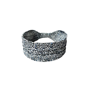 Blue leopard print yoga headband for women with stylish cross design and elastic knit fabric