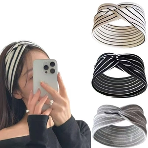 Three-pack striped knitted elastic headbands with stylish cross-twist design for yoga sports