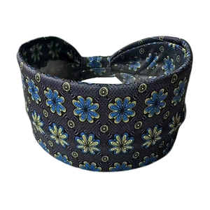 Bohemian yoga headband with navy blue floral print and elastic cotton fabric for women