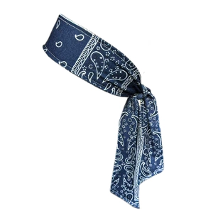 Detail of dark blue paisley sports headband with knotted design and white pattern texture