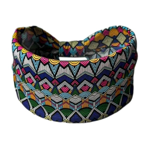 Close-up of bohemian elastic headband featuring colorful geometric and tribal patterns